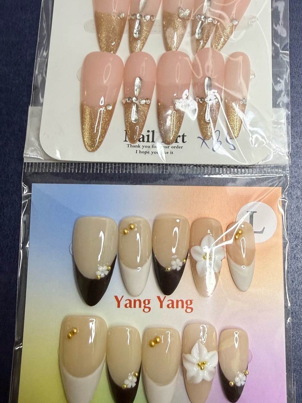 Neutral & Gold Accent Press-On Nail Sets - Floral & Glitter Tips Set Up Two